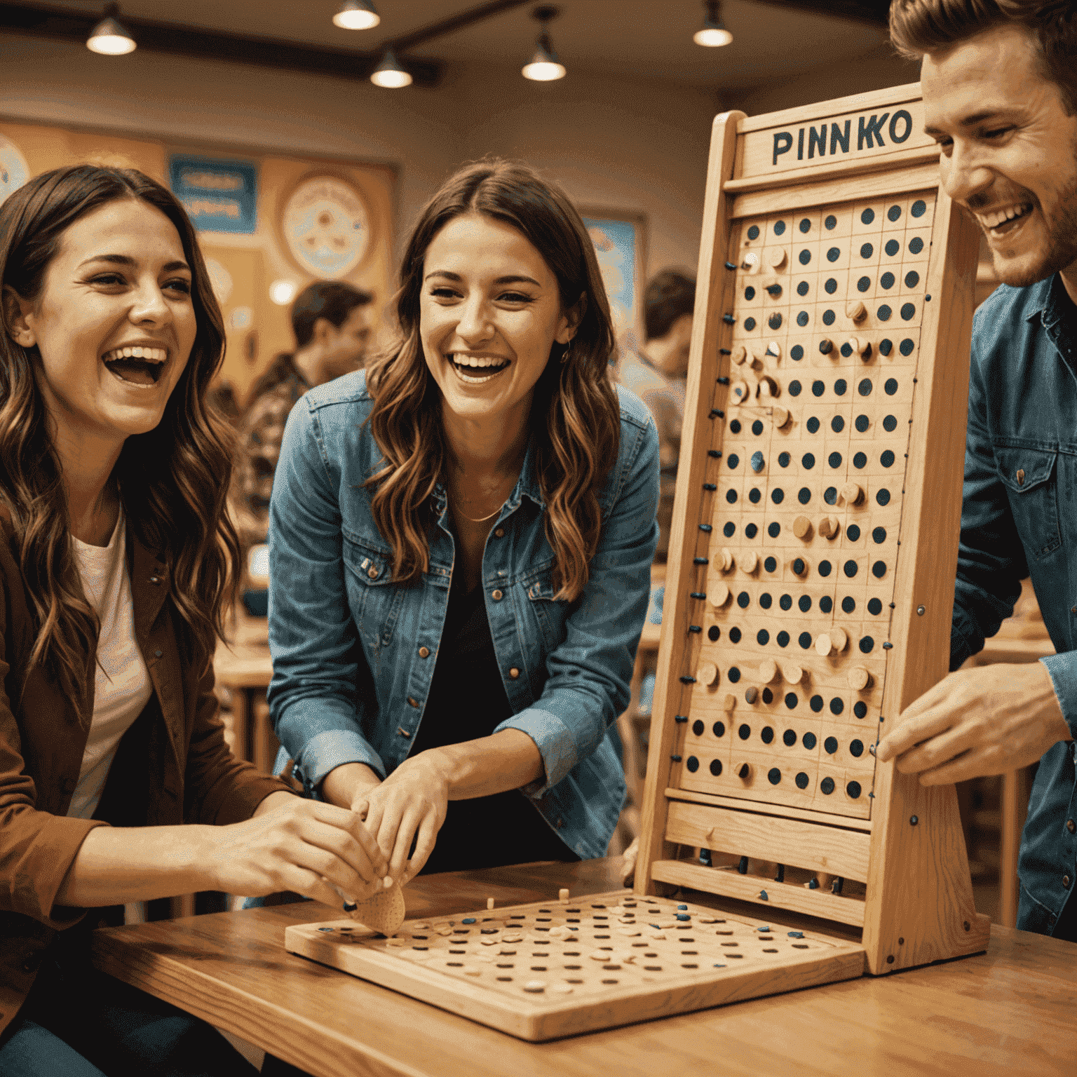 Un gruppo di amici che gioca a Plinko, ridendo e divertendosi mentre una fiche rimbalza tra i pioli
