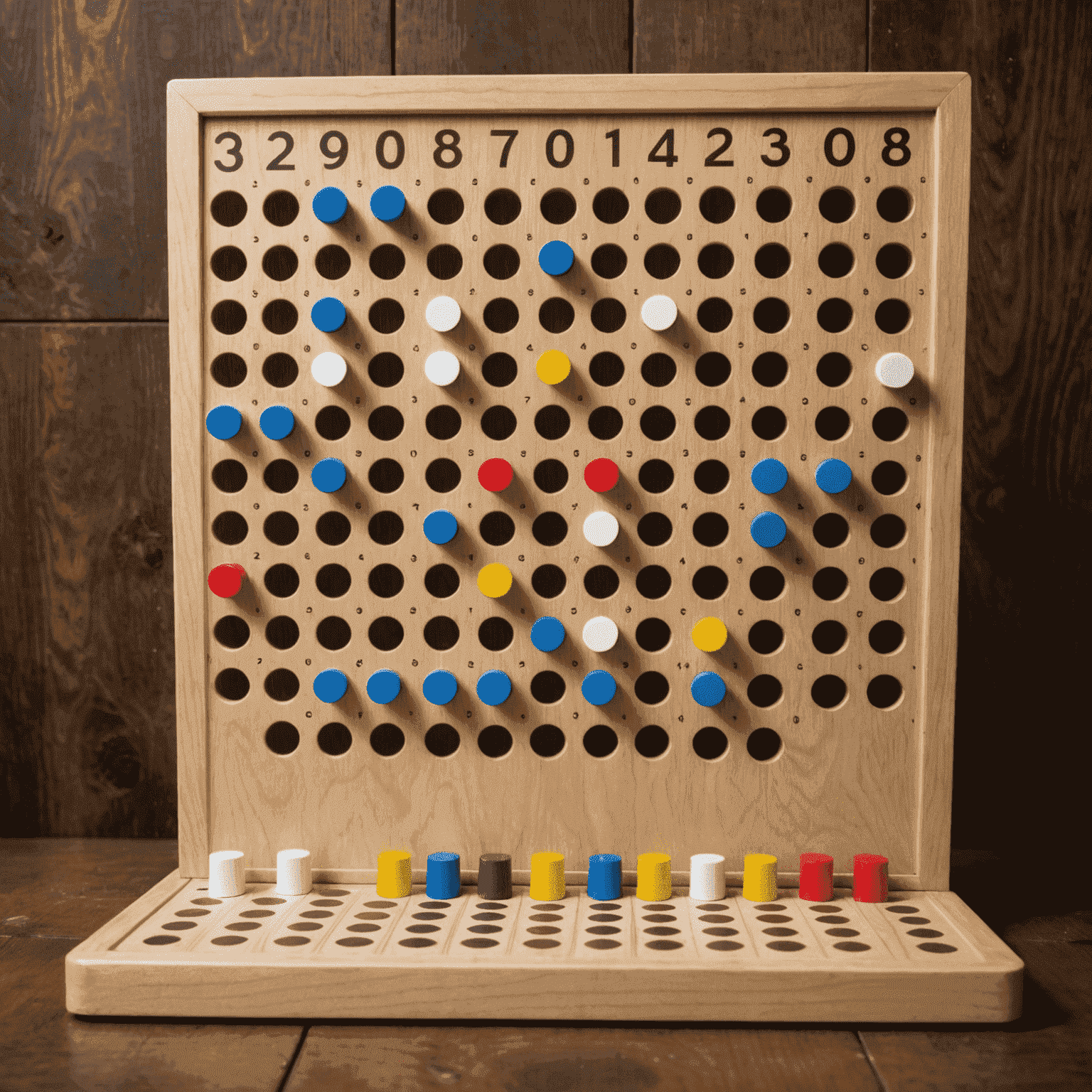 Immagine di un tabellone Plinko con pioli e contenitori numerati