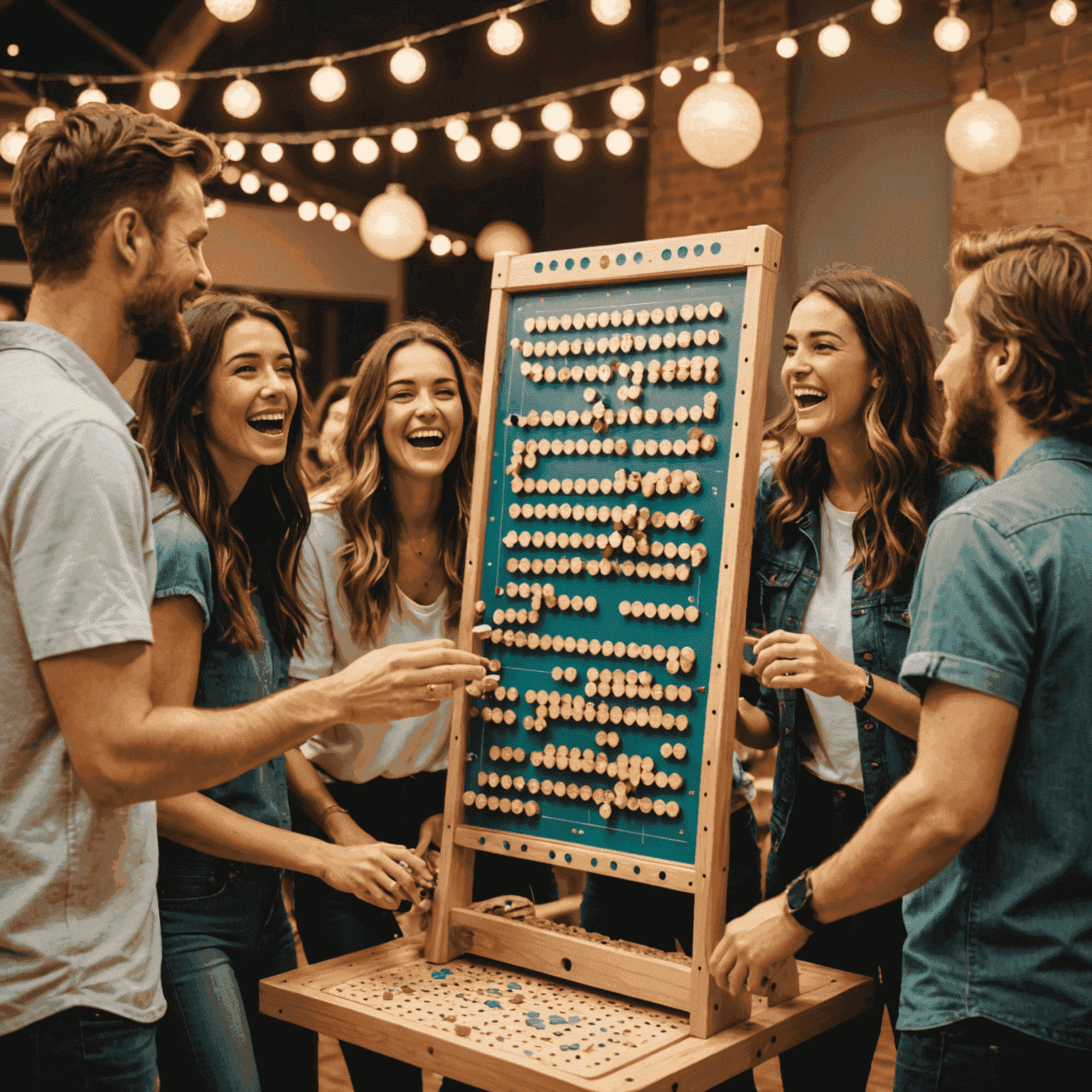 Un gruppo di amici che gioca a Plinko durante una festa, ridendo e divertendosi intorno a un grande tabellone Plinko