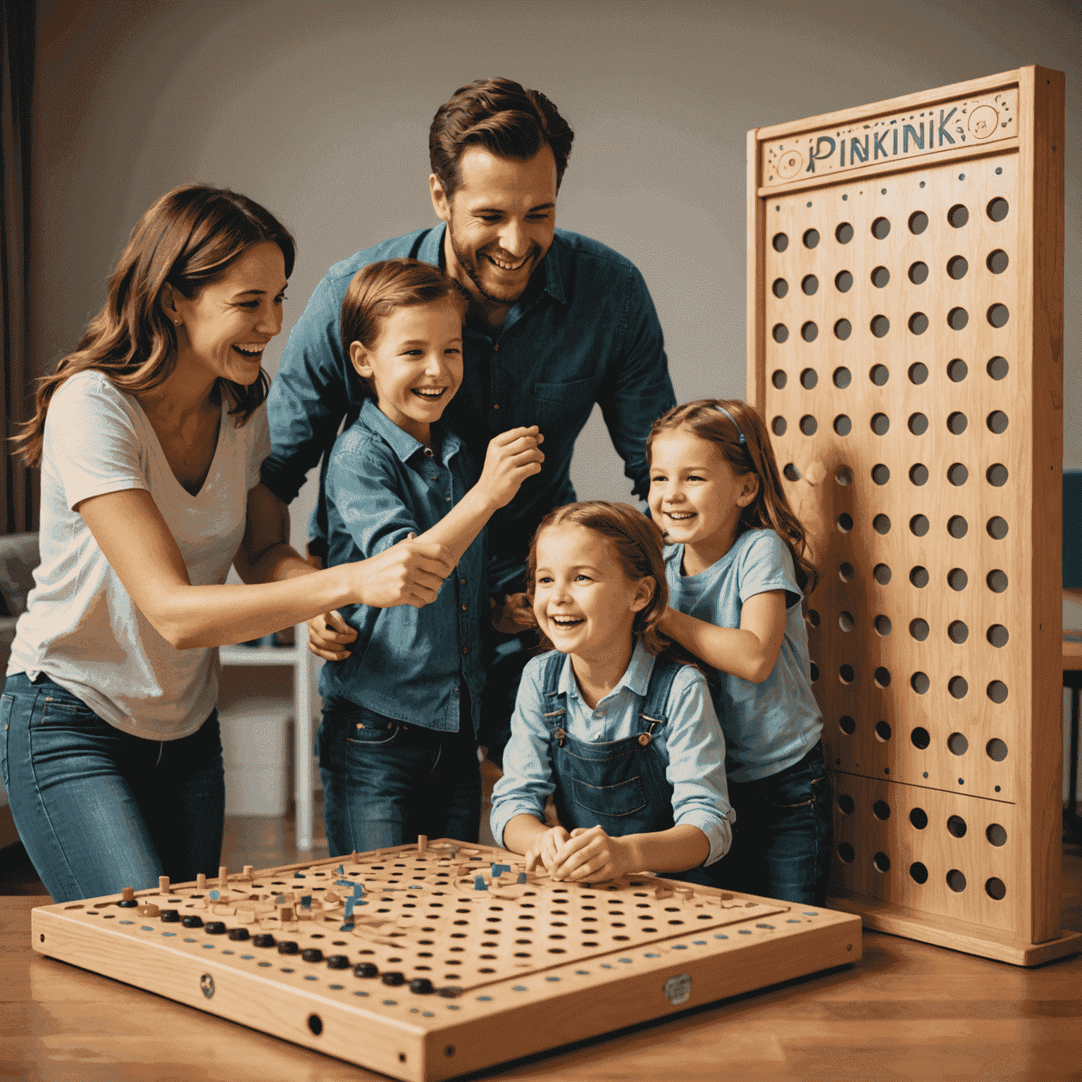 Una famiglia che gioca a Plinko insieme, sorridendo e godendosi il momento