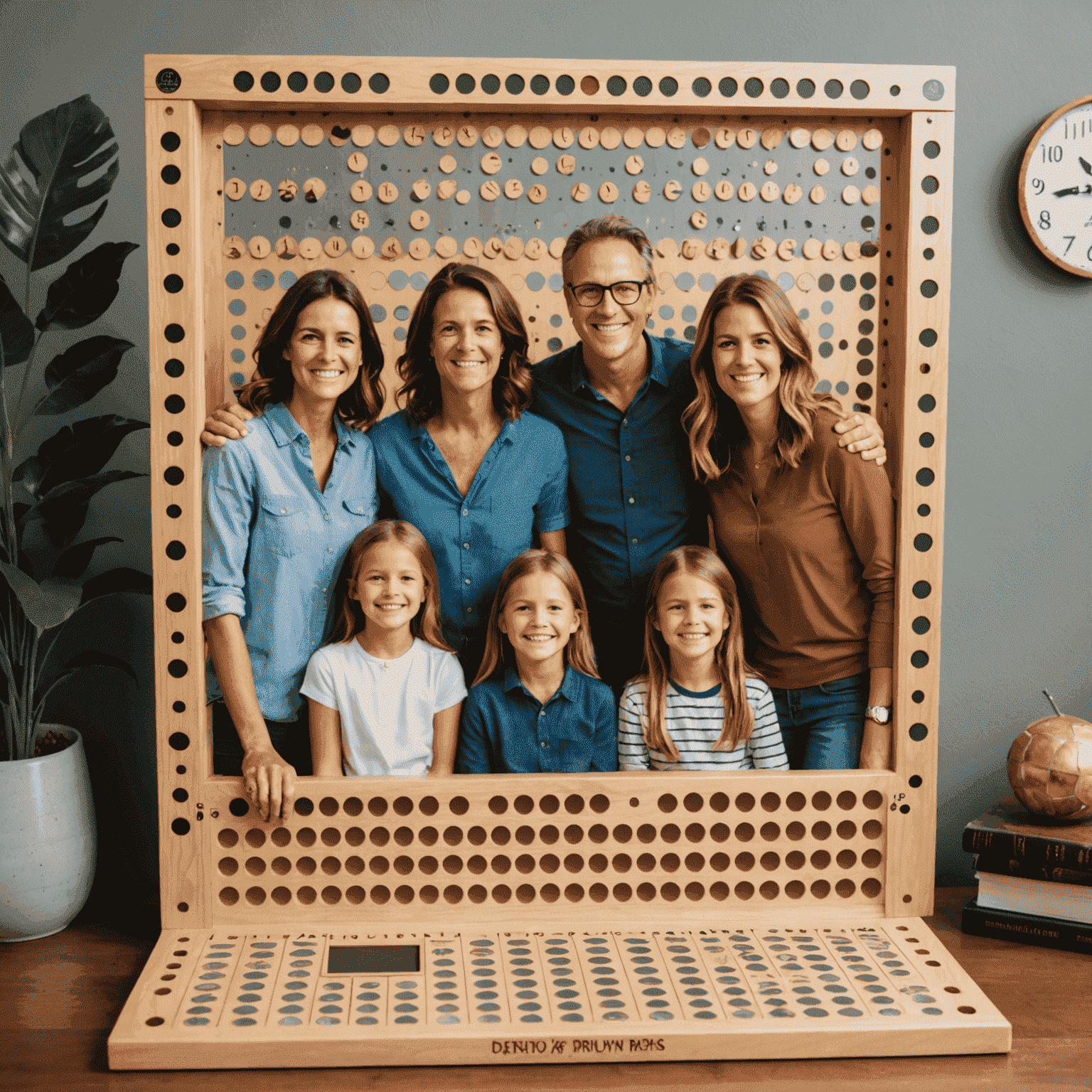 Un tabellone Plinko personalizzato con foto di famiglia e amici, circondato da persone sorridenti di tutte le età