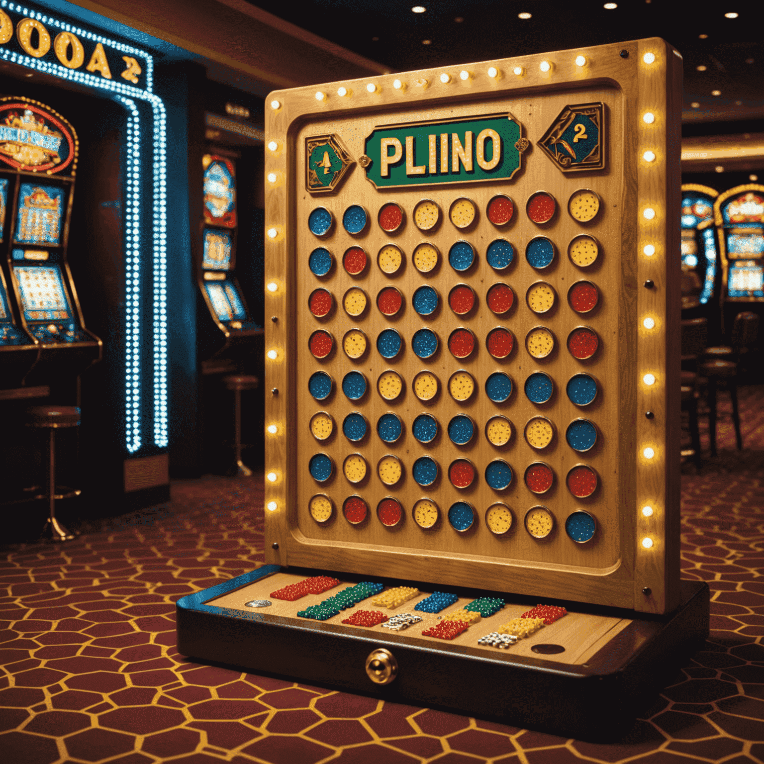Tavola Plinko in un casinò con luci e premi