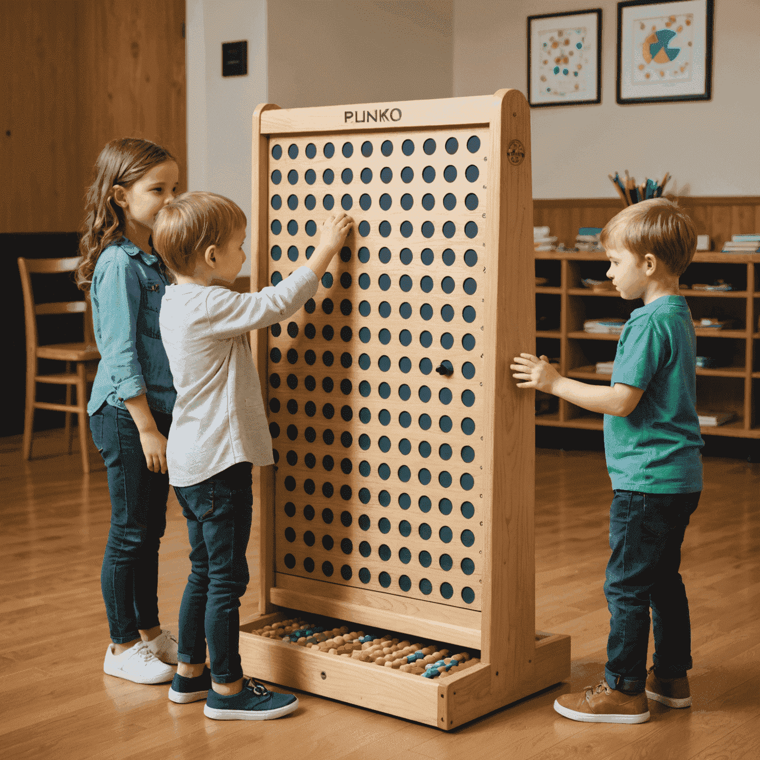 Bambini che giocano con una versione educativa di Plinko