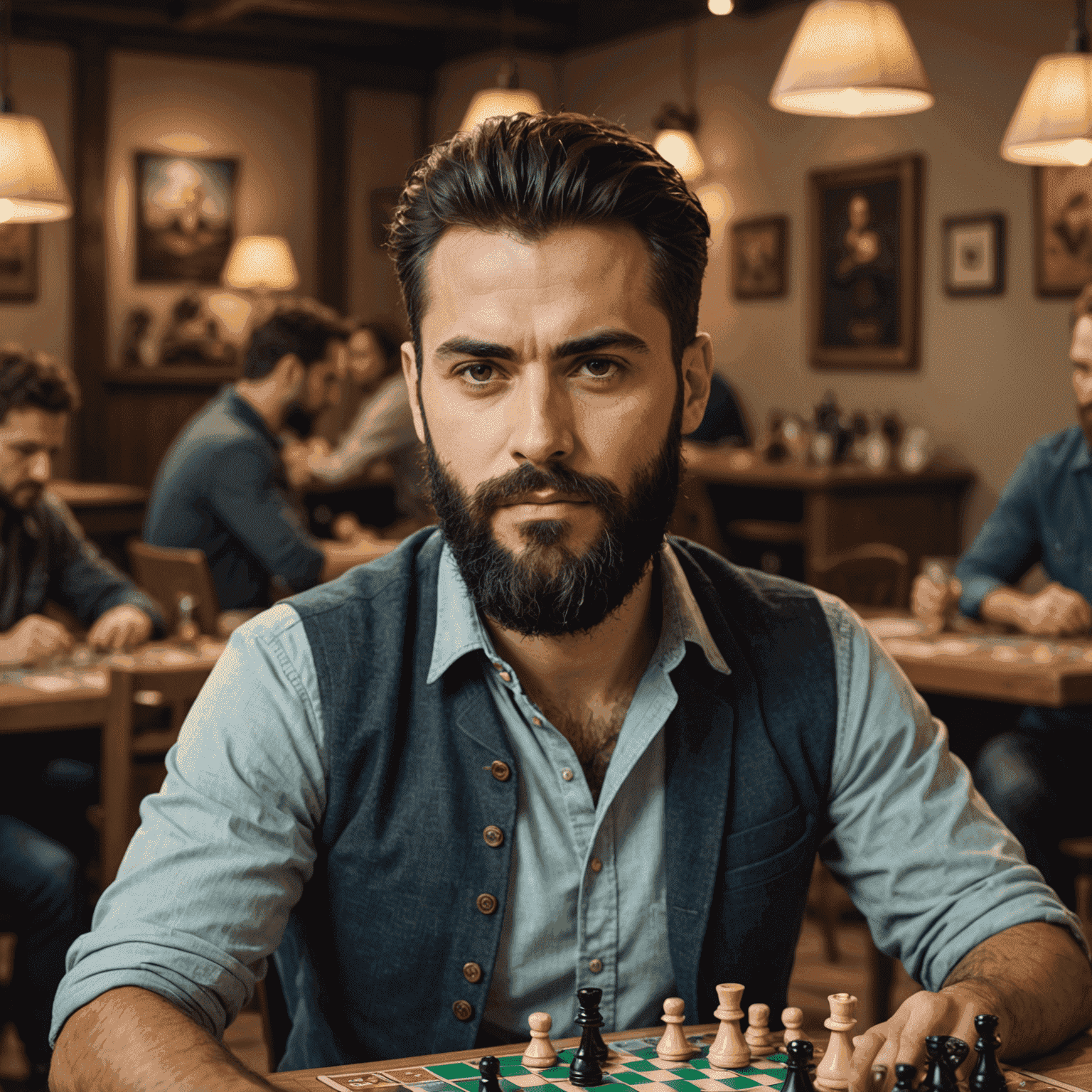 Foto di Giovanni, un designer di giochi da tavolo con barba e un look creativo